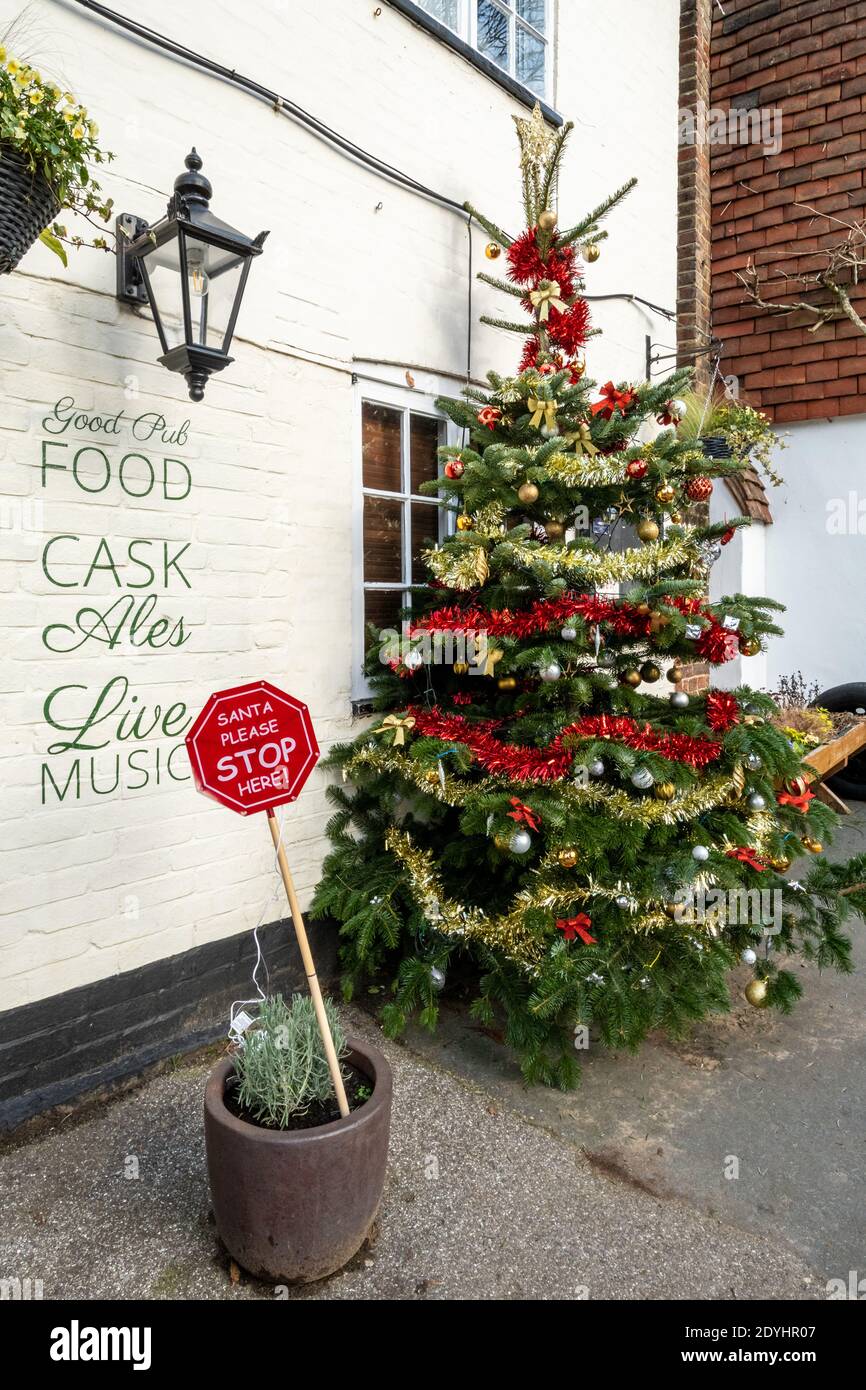 Albero di Natale e decorazioni al di fuori di un pub villaggio a Puttenham, Surrey, Regno Unito Foto Stock