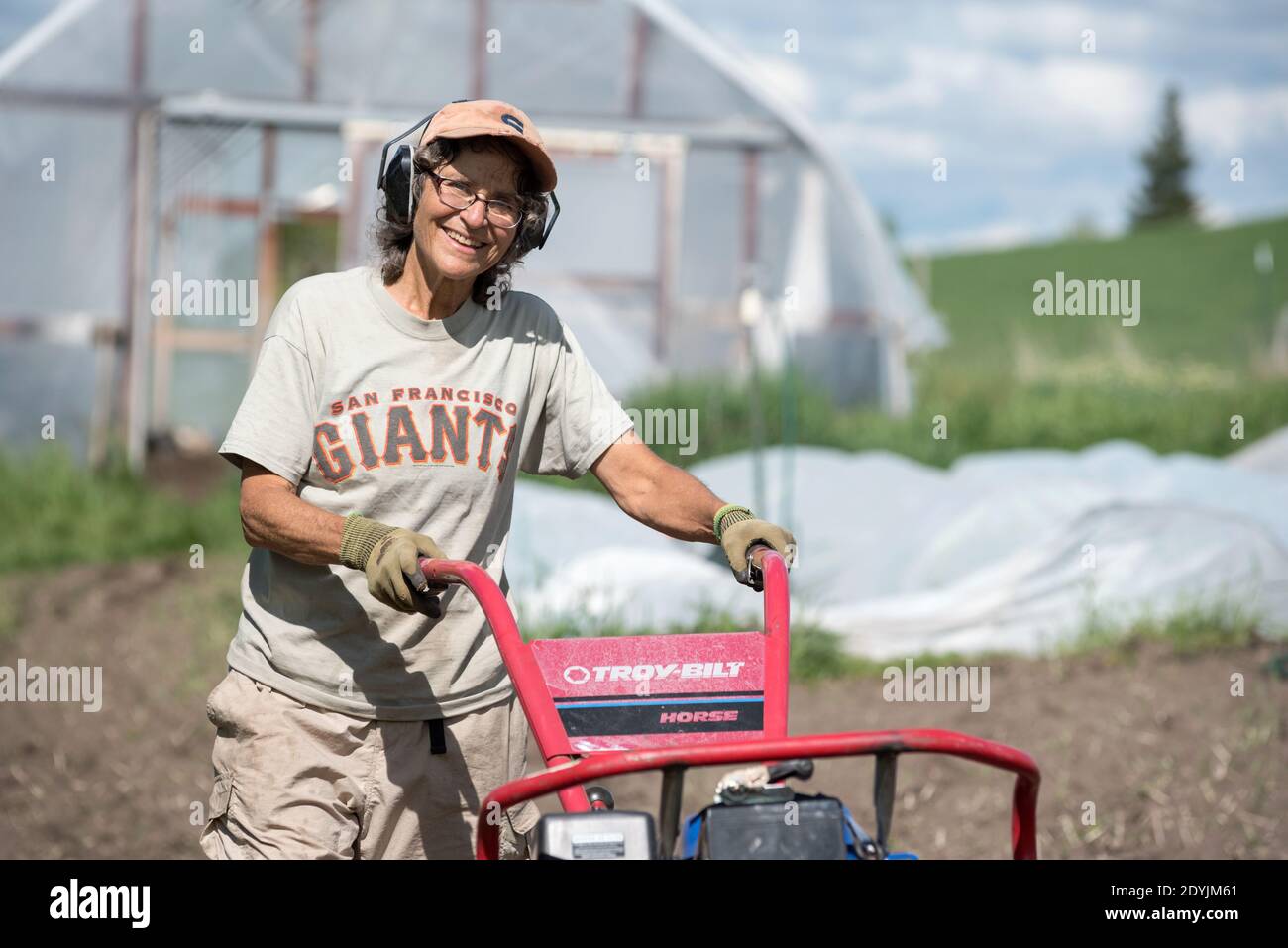 Coltivatore di rotoilling in una fattoria nella valle di Wallowa dell'Oregon. Foto Stock