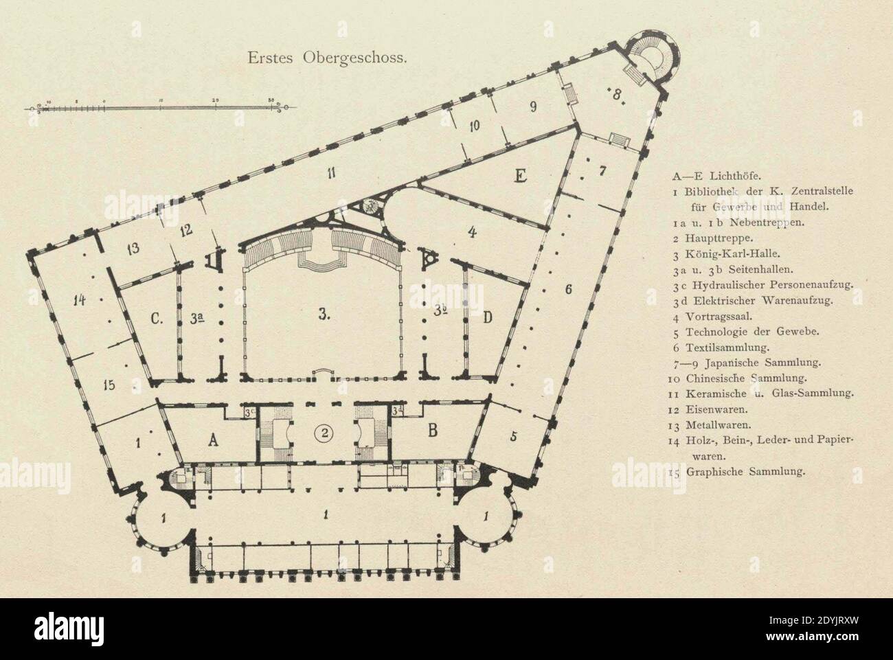 Landesgewerbemuseum Stuttgart, Grundriss, 1. Obergeschoss, 1896. Foto Stock