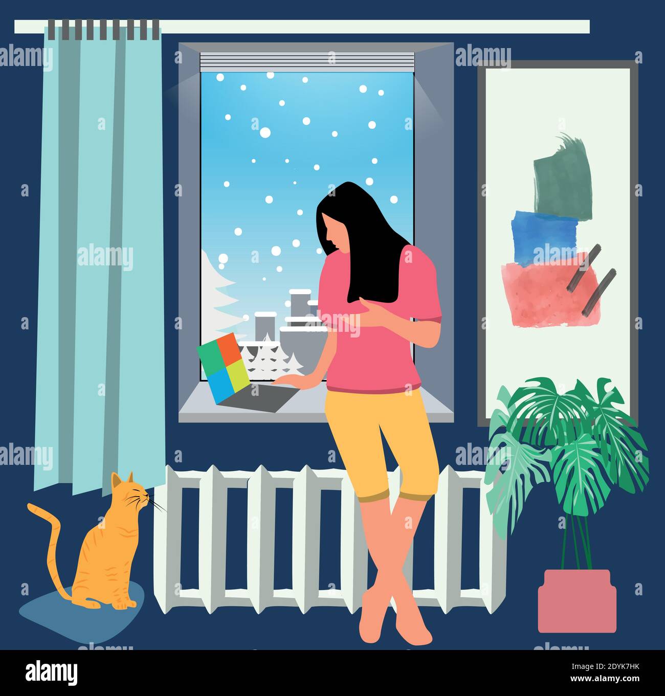 Soggiorno e lavoro a casa accogliente stile di vita degli spazi di lavoro interni invernali illustrazione vettoriale modificabile Illustrazione Vettoriale