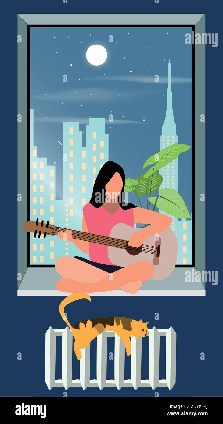 Donna che suona la chitarra lavoro a casa accogliente spazio di lavoro interno notte illustrazione vettoriale modificabile Illustrazione Vettoriale
