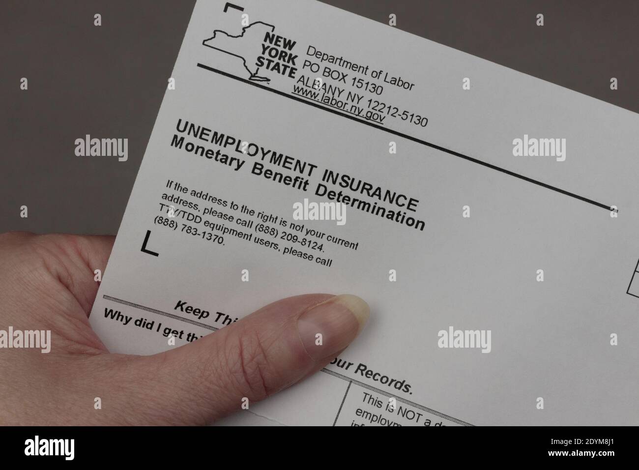 Una lettera di determinazione dell'indennità monetaria dell'assicurazione di disoccupazione dal nuovo Dipartimento del lavoro dello Stato di York Foto Stock