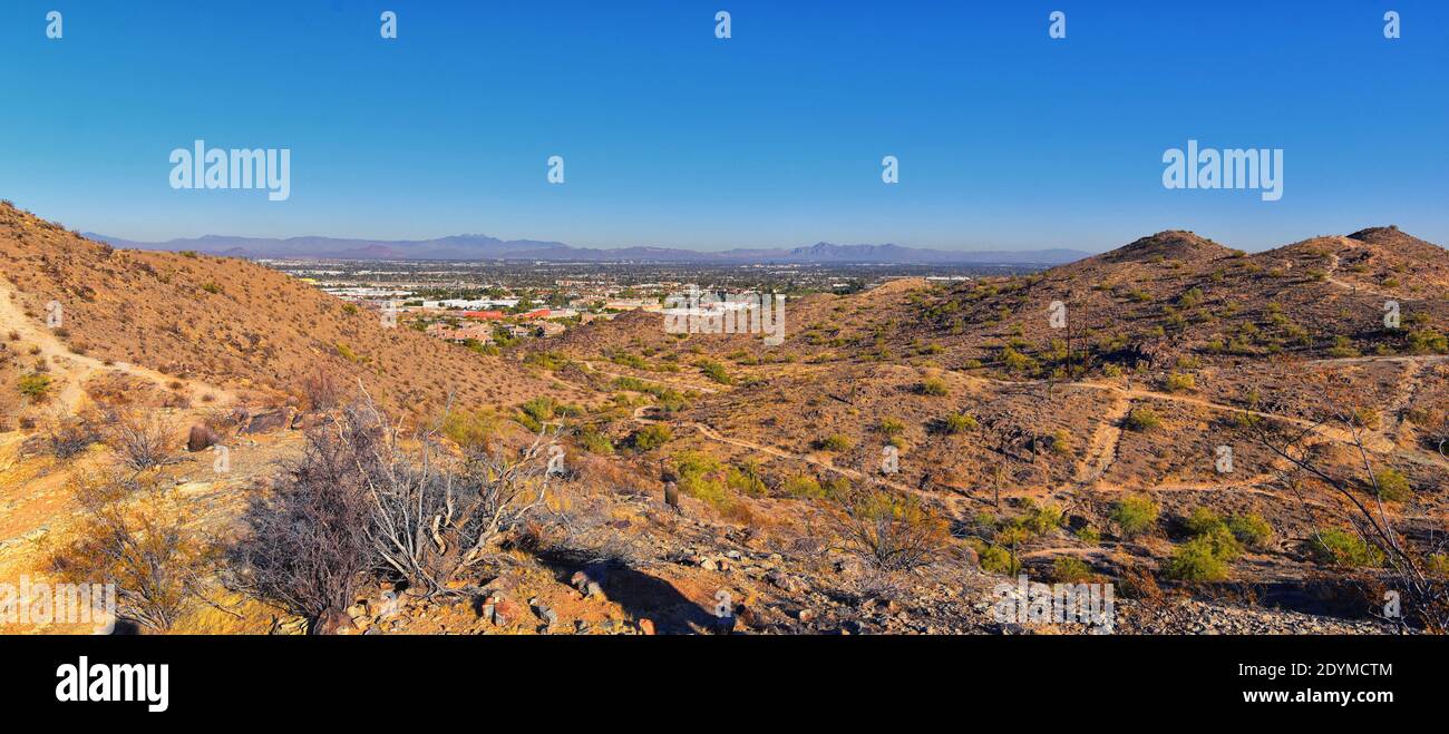 South Mountain Park e preserva le vedute dal Pima Canyon Hiking Trail, Phoenix, deserto dell'Arizona meridionale. Stati Uniti. Foto Stock