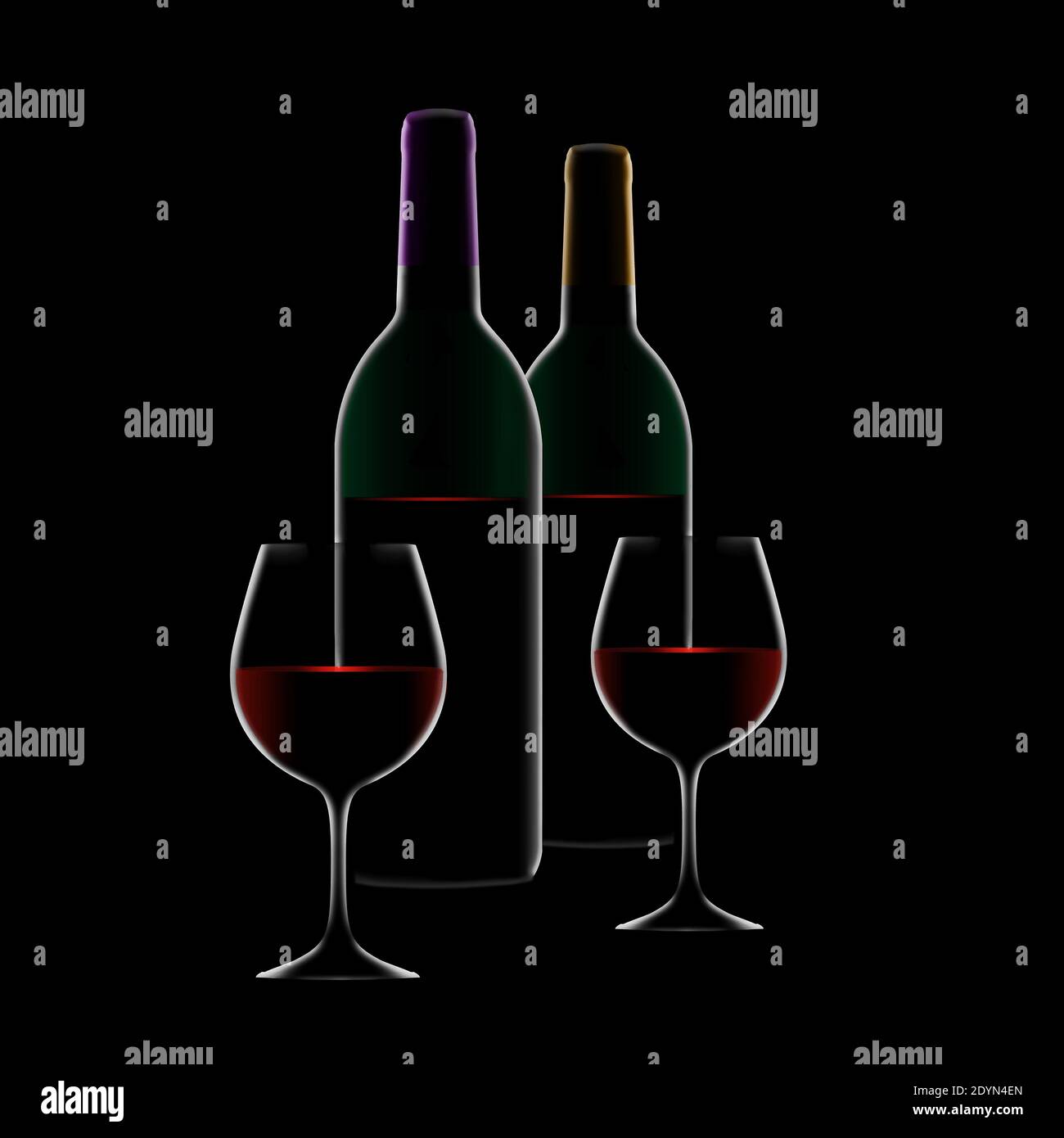 Due bottiglie e due bicchieri di vino rosso sono visibili in un'illustrazione con una suggestiva illuminazione del bordo. Foto Stock