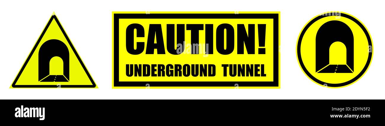 Serie di cartelli di pericolo gialli neri, attenzione. Ingresso a un tunnel sotterraneo sull'autostrada. Sicurezza stradale. Vettore su sfondo bianco Illustrazione Vettoriale