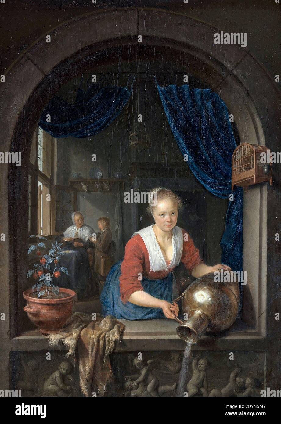Cameriera alla finestra - Gerritt Dou, circa 1660 Foto Stock