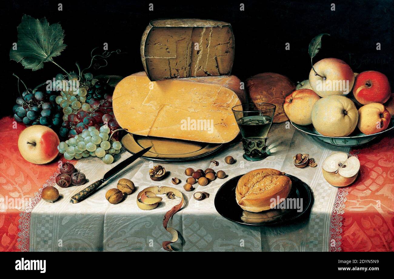 Still-Life con frutta, noci e formaggio - Floris van Dyck, 1613 Foto Stock