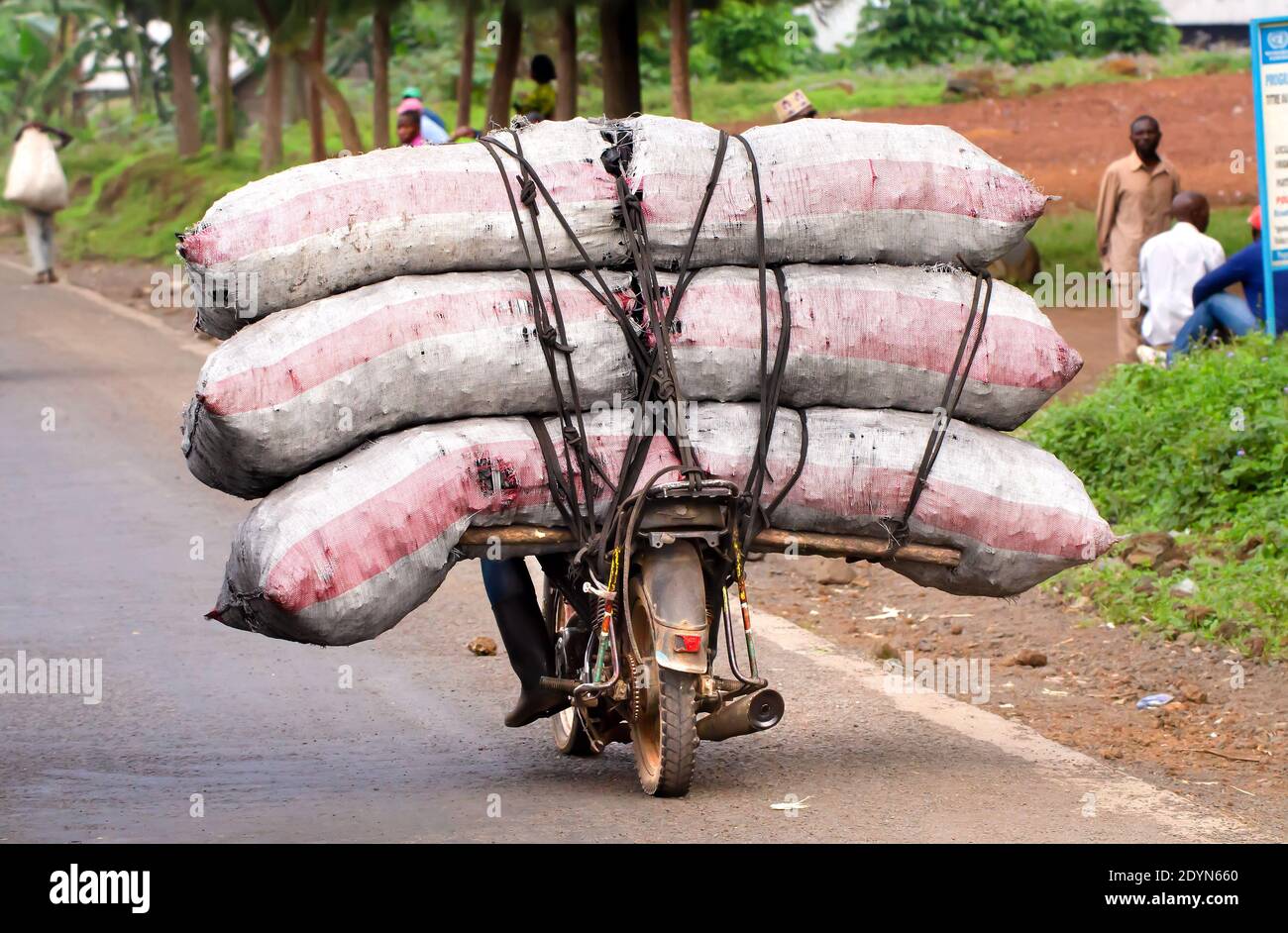 I produttori di carbone trasportano grandi carichi di carbone sulle motociclette dai Monti Virunga a a Goma, Repubblica Democratica del Congo Foto Stock