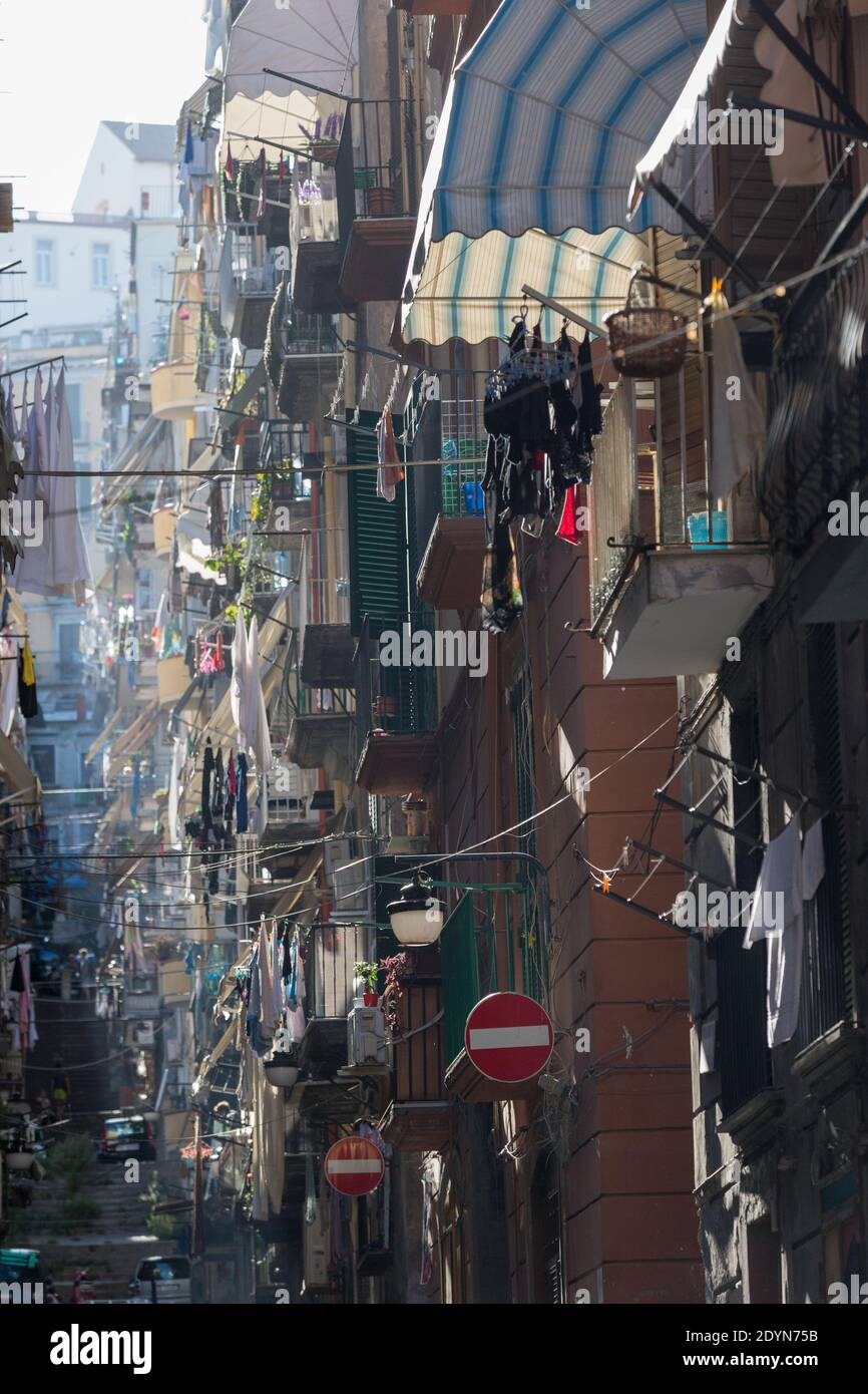Napoli, Italia lavanderia appesa a finestre e balconi nel quartiere Montecalvario Foto Stock