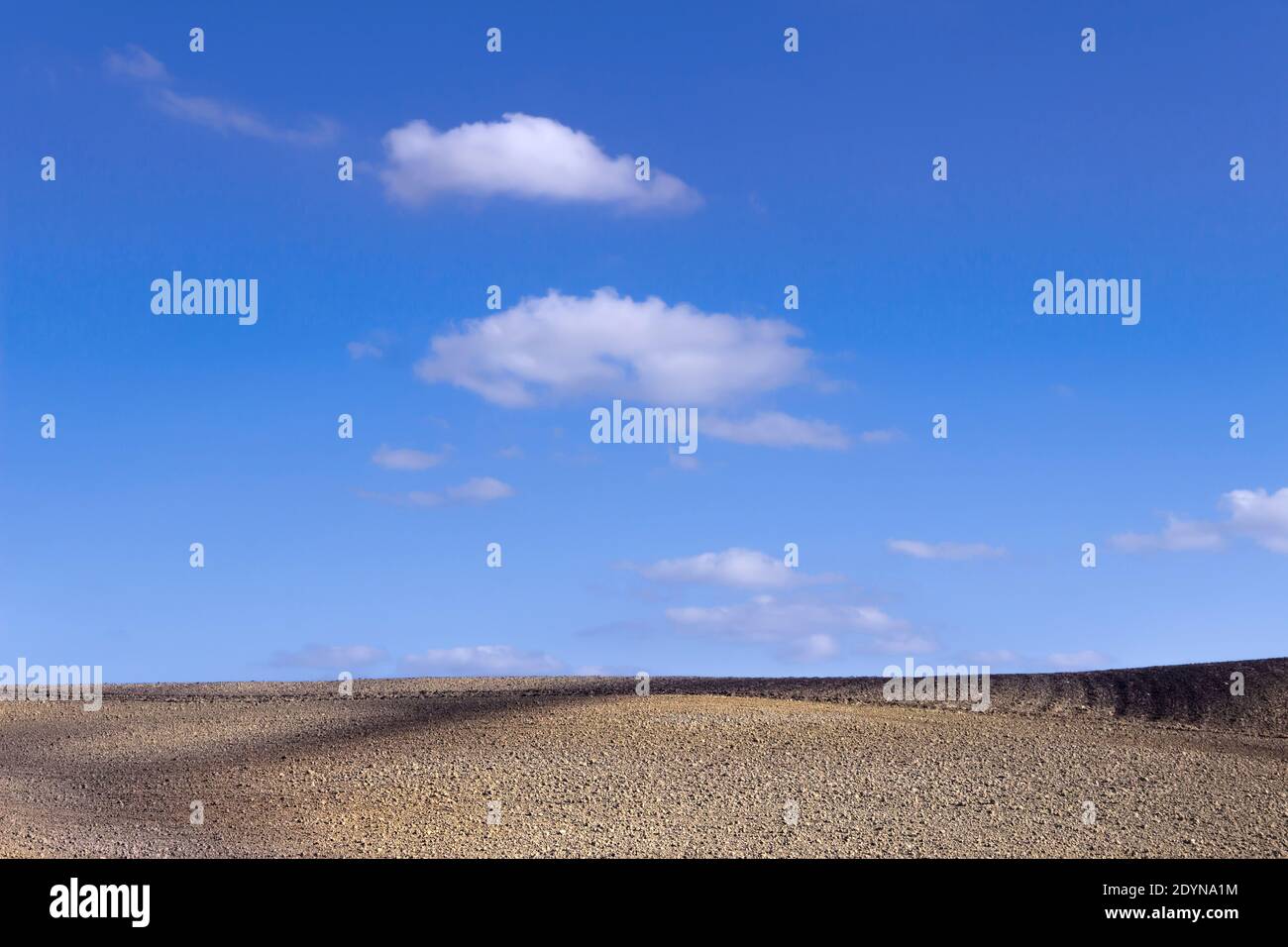 Agricoltura sostenibile: Terra arata con cielo blu e nuvole. Foto Stock