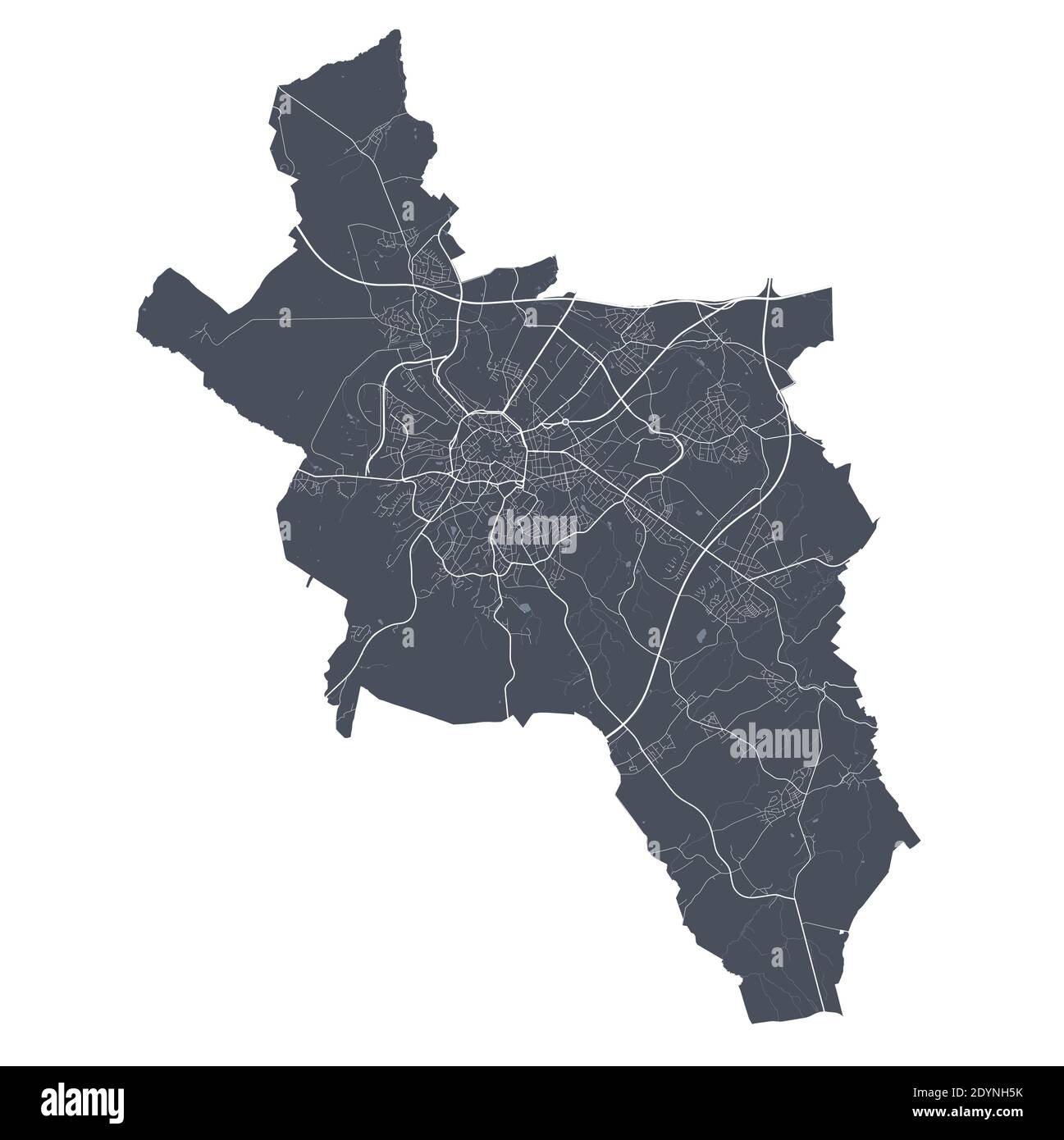 Mappa di Aquisgrana. Mappa vettoriale dettagliata dell'area amministrativa della città di Aquisgrana. Poster del paesaggio urbano vista aria metropolitana. Terra buia con strade bianche, strade e un Illustrazione Vettoriale