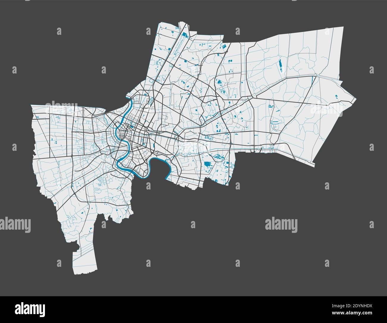 Bangkok mappa. Mappa dettagliata dell'area amministrativa della città di Bangkok. Panorama cittadino. Illustrazione vettoriale priva di royalty. Mappa lineare con autostrade, Illustrazione Vettoriale