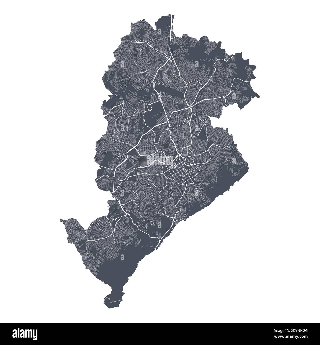 Mappa di Belo Horizonte. Mappa vettoriale dettagliata dell'area amministrativa della città di Belo Horizonte. Poster del paesaggio urbano vista aria metropolitana. Terra scura con stre bianco Illustrazione Vettoriale