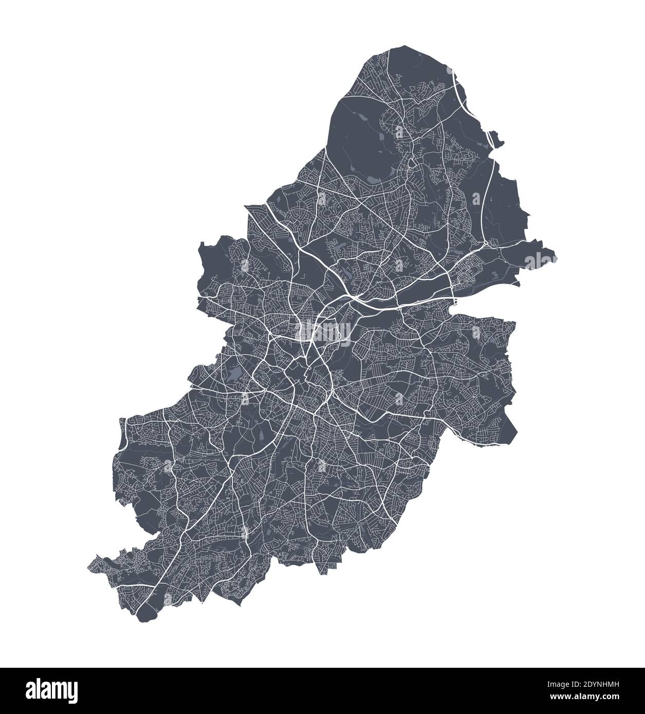 Mappa di Birmingham. Mappa vettoriale dettagliata dell'area amministrativa della città di Birmingham. Poster del paesaggio urbano vista aria metropolitana. Terra scura con strade bianche, roa Illustrazione Vettoriale