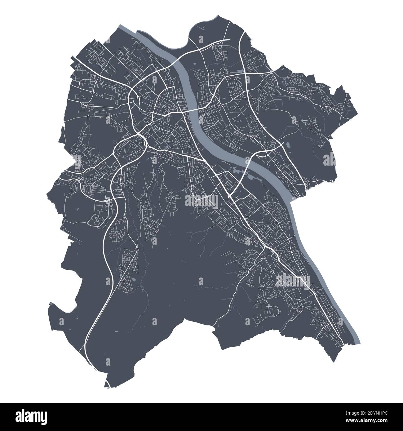 Mappa di Bonn. Mappa vettoriale dettagliata dell'area amministrativa della città di Bonn. Poster del paesaggio urbano vista aria metropolitana. Terra buia con strade bianche, strade e viali Illustrazione Vettoriale