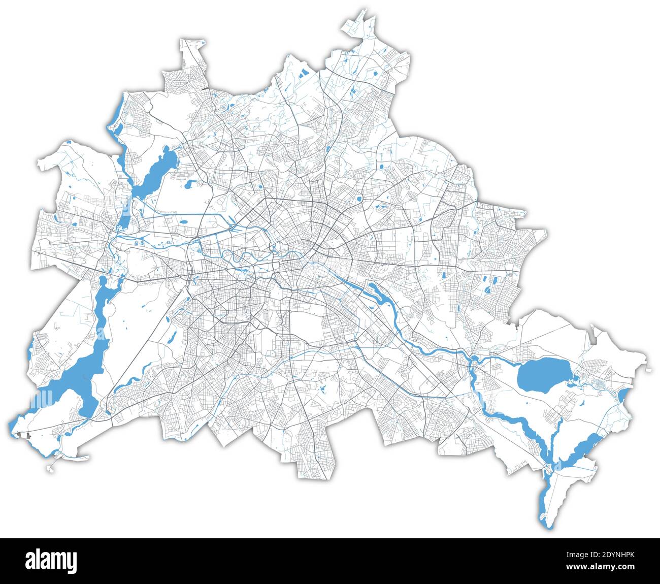 Mappa di Berlino. Mappa vettoriale dettagliata dell'area amministrativa della città di Berlino. Poster con strade e acqua su sfondo bianco. Illustrazione Vettoriale