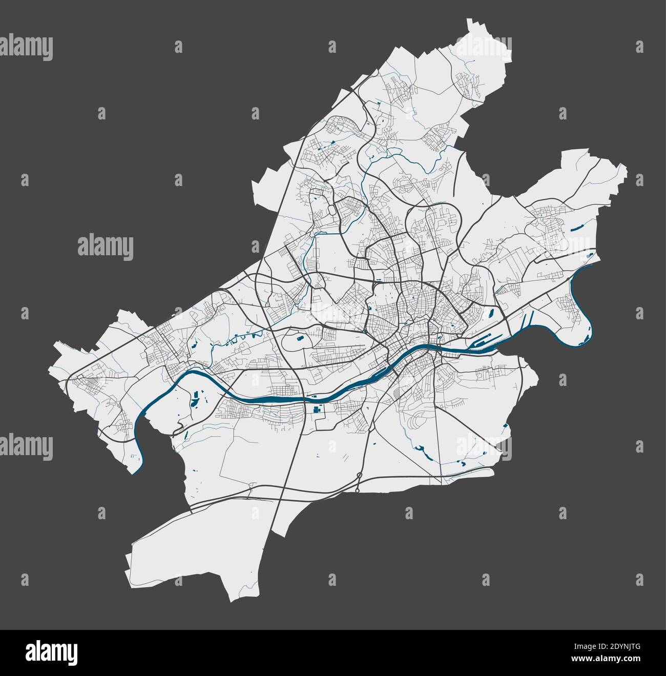 Mappa di Francoforte. Mappa vettoriale dettagliata dell'area amministrativa della città di Francoforte. Poster con strade e acqua su sfondo grigio. Illustrazione Vettoriale