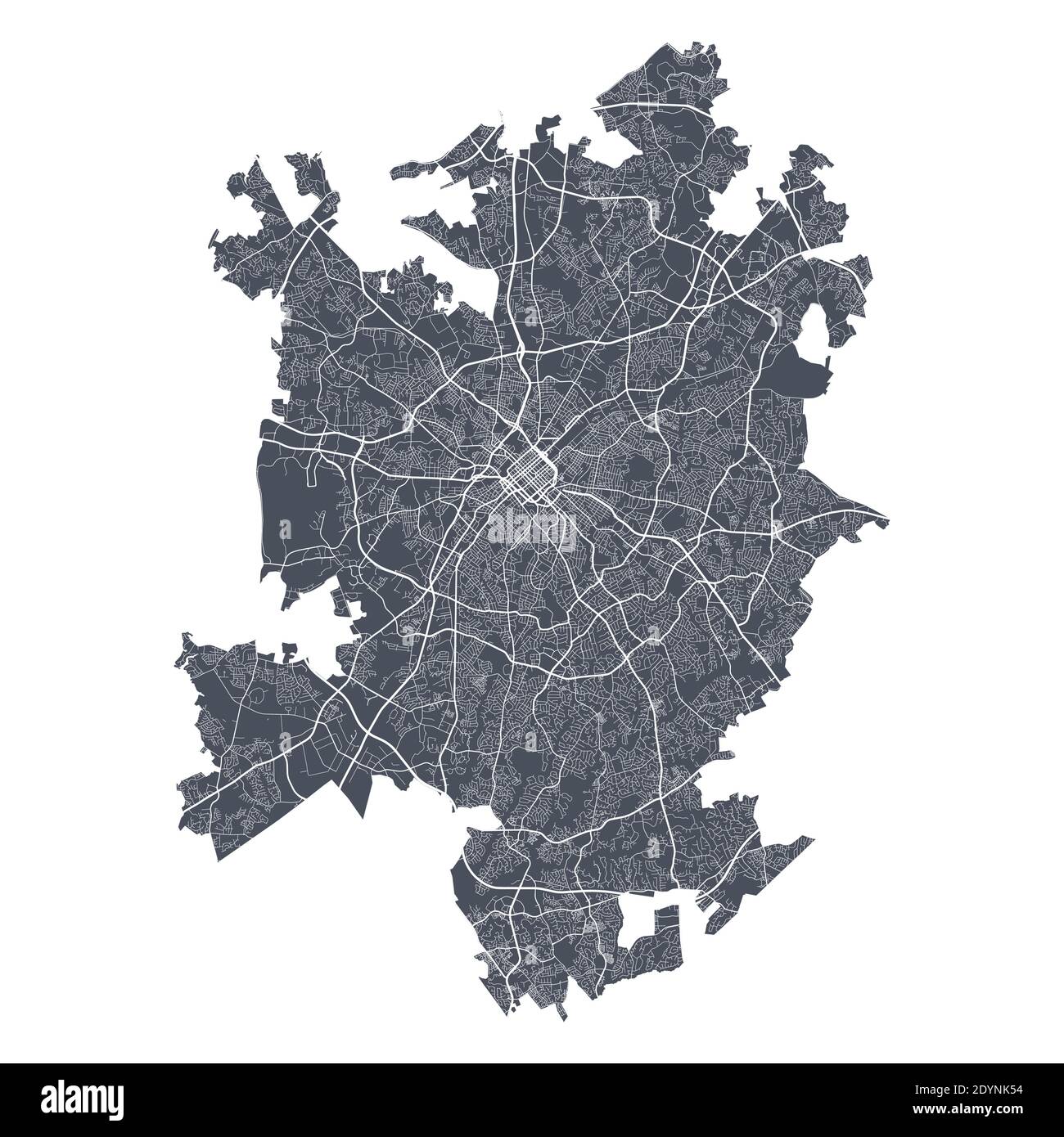 Mappa di Charlotte. Mappa vettoriale dettagliata dell'area amministrativa della città di Charlotte. Poster del paesaggio urbano vista aria metropolitana. Terra buia con strade bianche Illustrazione Vettoriale