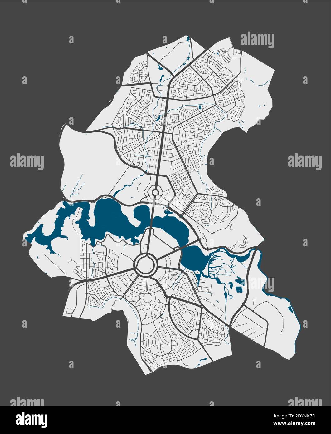 Mappa di Canberra. Mappa vettoriale dettagliata dell'area amministrativa della città di Canberra. Poster con strade e acqua su sfondo grigio. Illustrazione Vettoriale