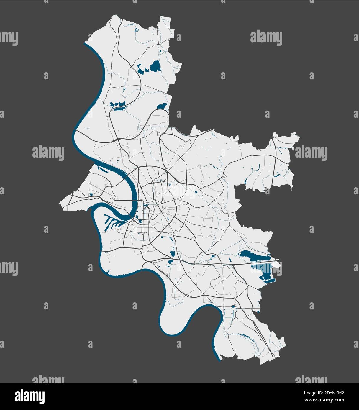 Mappa di Dusseldorf. Mappa vettoriale dettagliata dell'area amministrativa della città di Dusseldorf. Poster con strade e acqua su sfondo grigio. Illustrazione Vettoriale