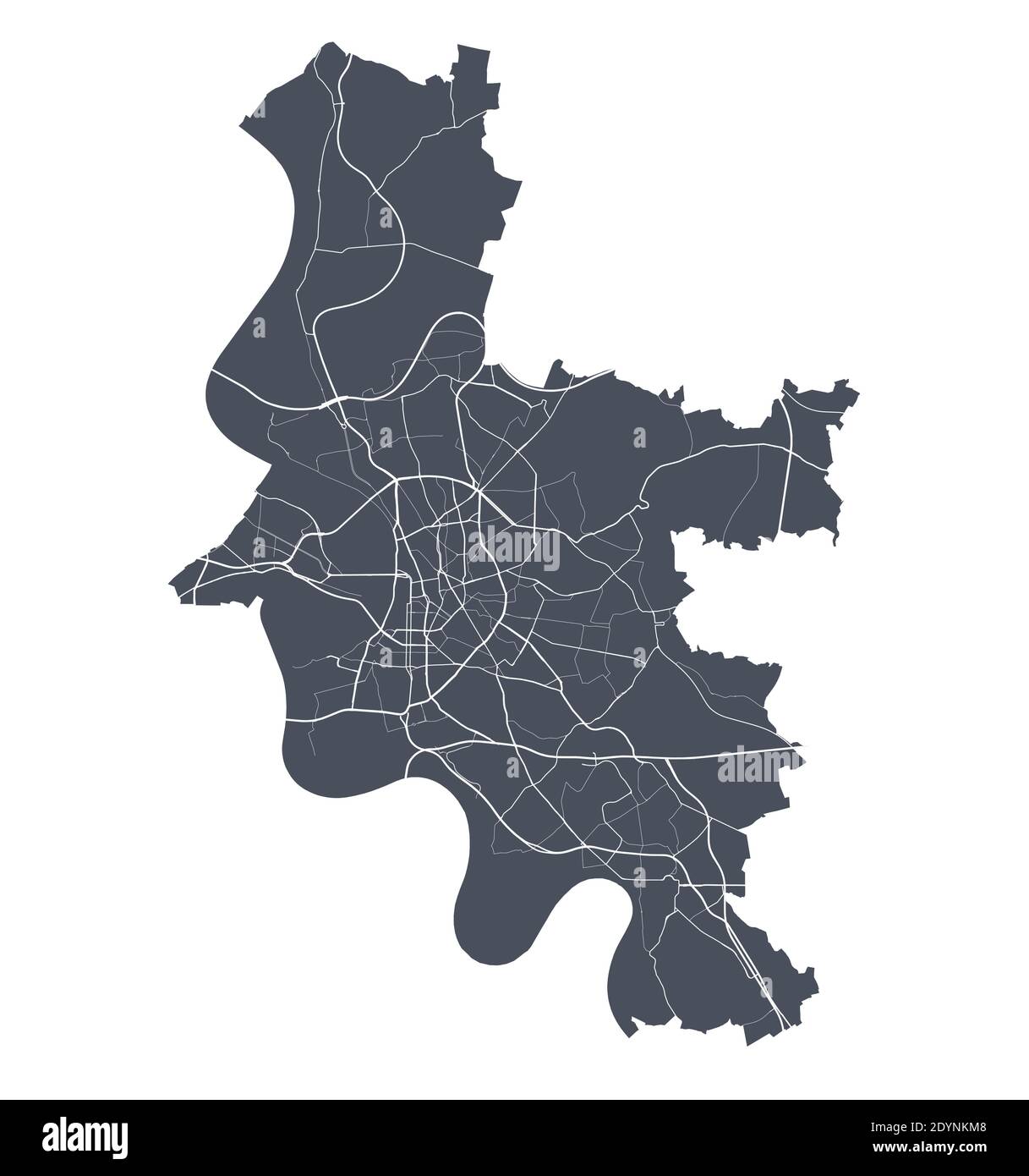 Mappa di Dusseldorf. Mappa vettoriale dettagliata dell'area amministrativa della città di Dusseldorf. Poster scuro con strade su sfondo bianco. Illustrazione Vettoriale