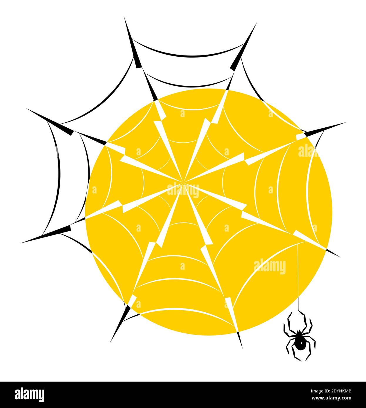 Ragnatela con ragno appeso nella retroilluminazione del sole, icona di silhouette eps10 illustrazione vettoriale. Illustrazione Vettoriale