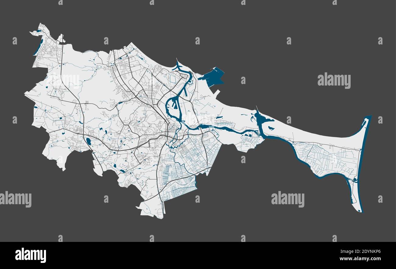 Mappa di Danzica. Mappa dettagliata dell'area amministrativa della città di Danzica. Panorama cittadino. Illustrazione vettoriale priva di royalty. Mappa con autostrade, strade, Illustrazione Vettoriale