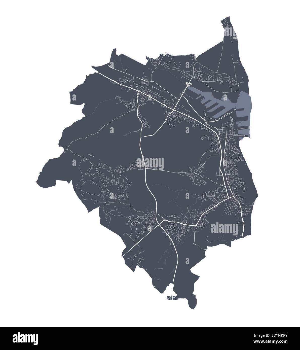 Mappa di Gdynia. Mappa vettoriale dettagliata dell'area amministrativa della città di Gdynia. Poster del paesaggio urbano vista aria metropolitana. Terra buia con strade bianche, strade e un Illustrazione Vettoriale