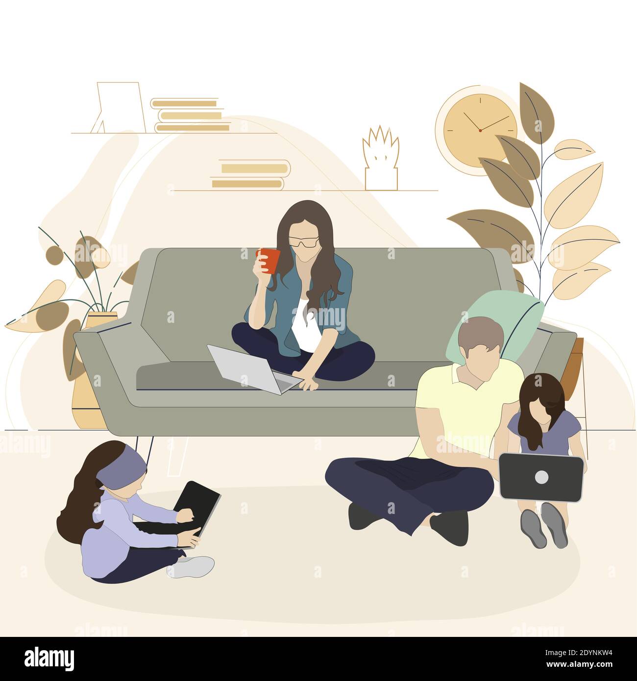 La famiglia passa il tempo con i gadget smartphone laptop o tablet. Insieme dipendenza e dipendenza, guardando e utilizzando sul divano, gadget abitudine. Illus vettore Illustrazione Vettoriale