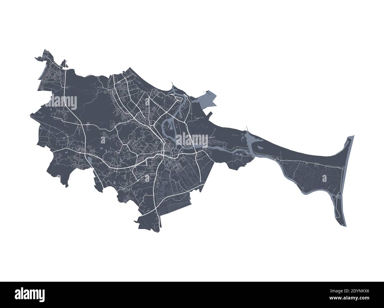 Mappa di Danzica. Mappa vettoriale dettagliata dell'area amministrativa della città di Danzica. Poster del paesaggio urbano vista aria metropolitana. Terra buia con strade bianche, strade e un Illustrazione Vettoriale