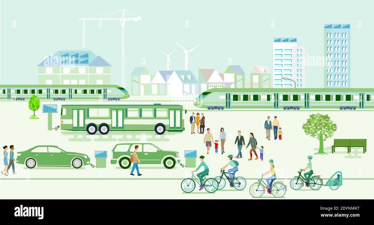 Città ecologica con veicoli elettrici e treni espressi Illustrazione Vettoriale
