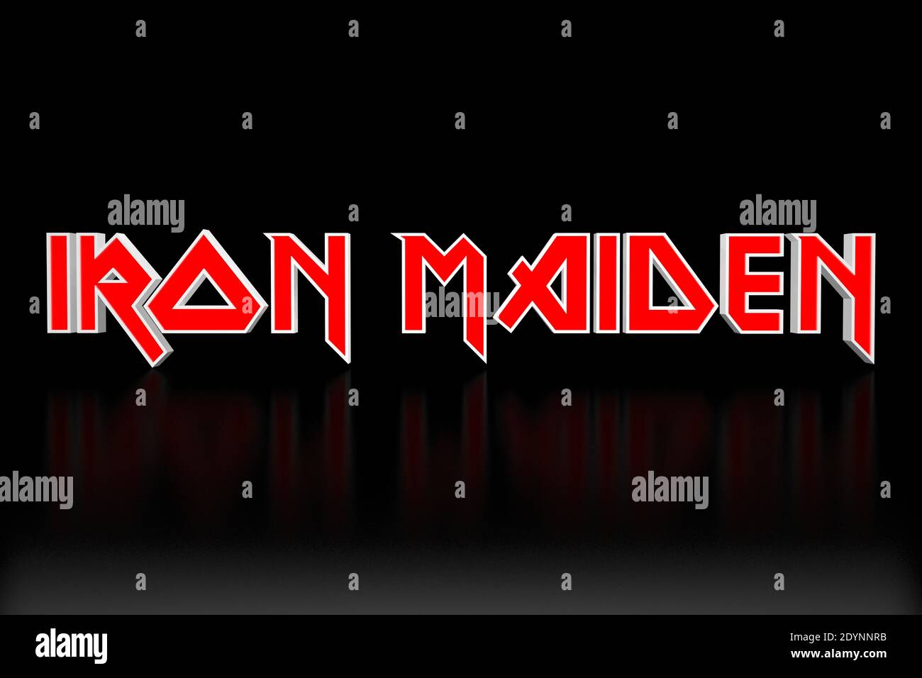 Londra, Inghilterra - 26 dicembre 2020: rendering 3d grande logo del gruppo britannico di metalli pesanti Iron Maiden su sfondo nero Foto Stock