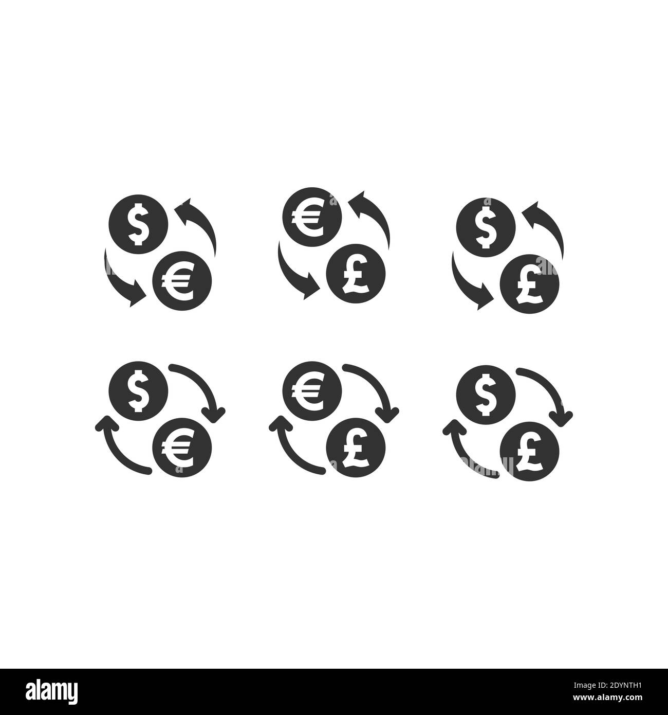 Icone di scambio di denaro in dollari, euro e sterline. Monete con frecce nere vettore icona set. Illustrazione Vettoriale