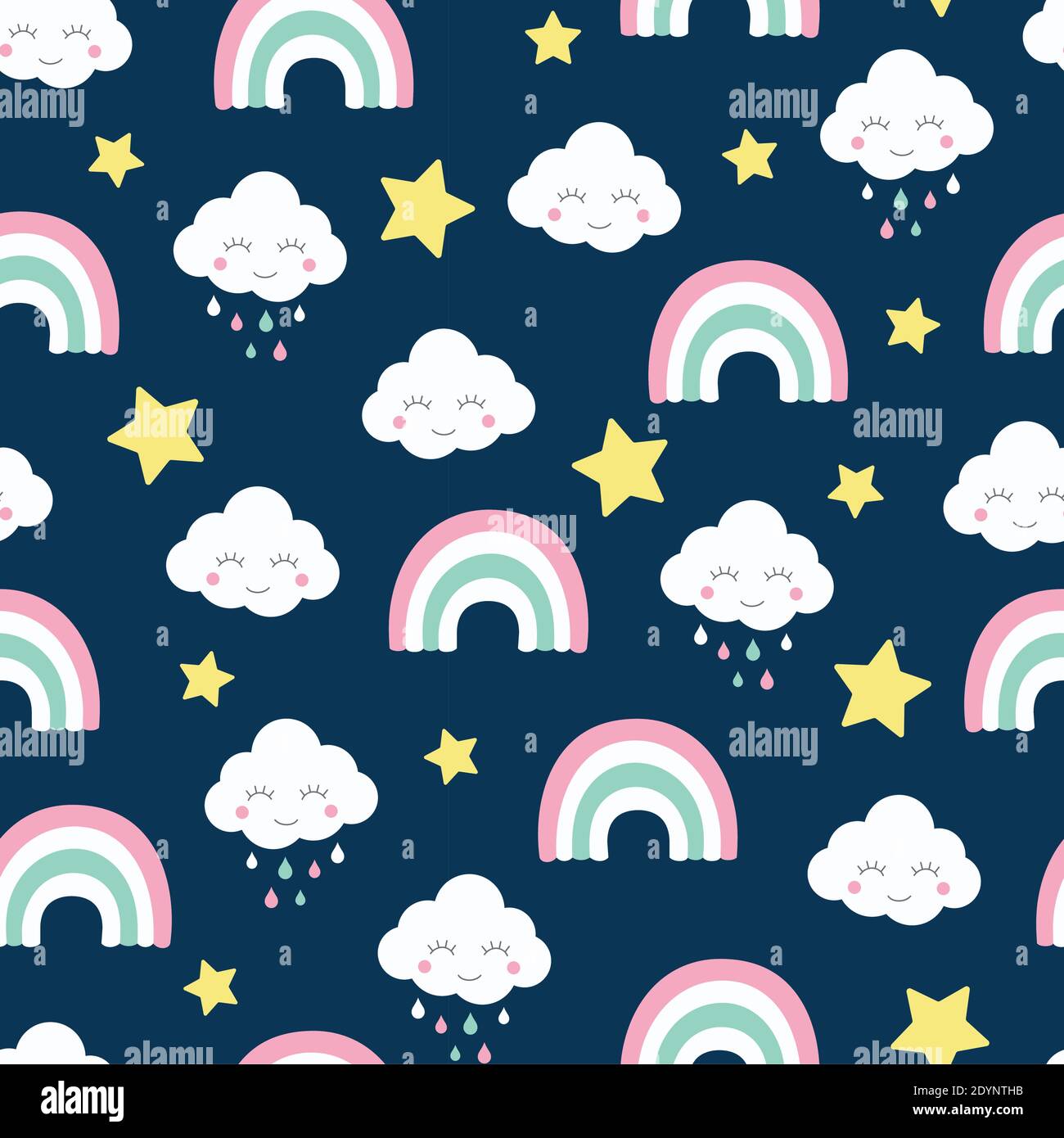 Nuvole arcobaleno e strars motivo senza cuciture. Disegno blu cartoon per bambini e bambini per stampa e tessuti. Illustrazione Vettoriale