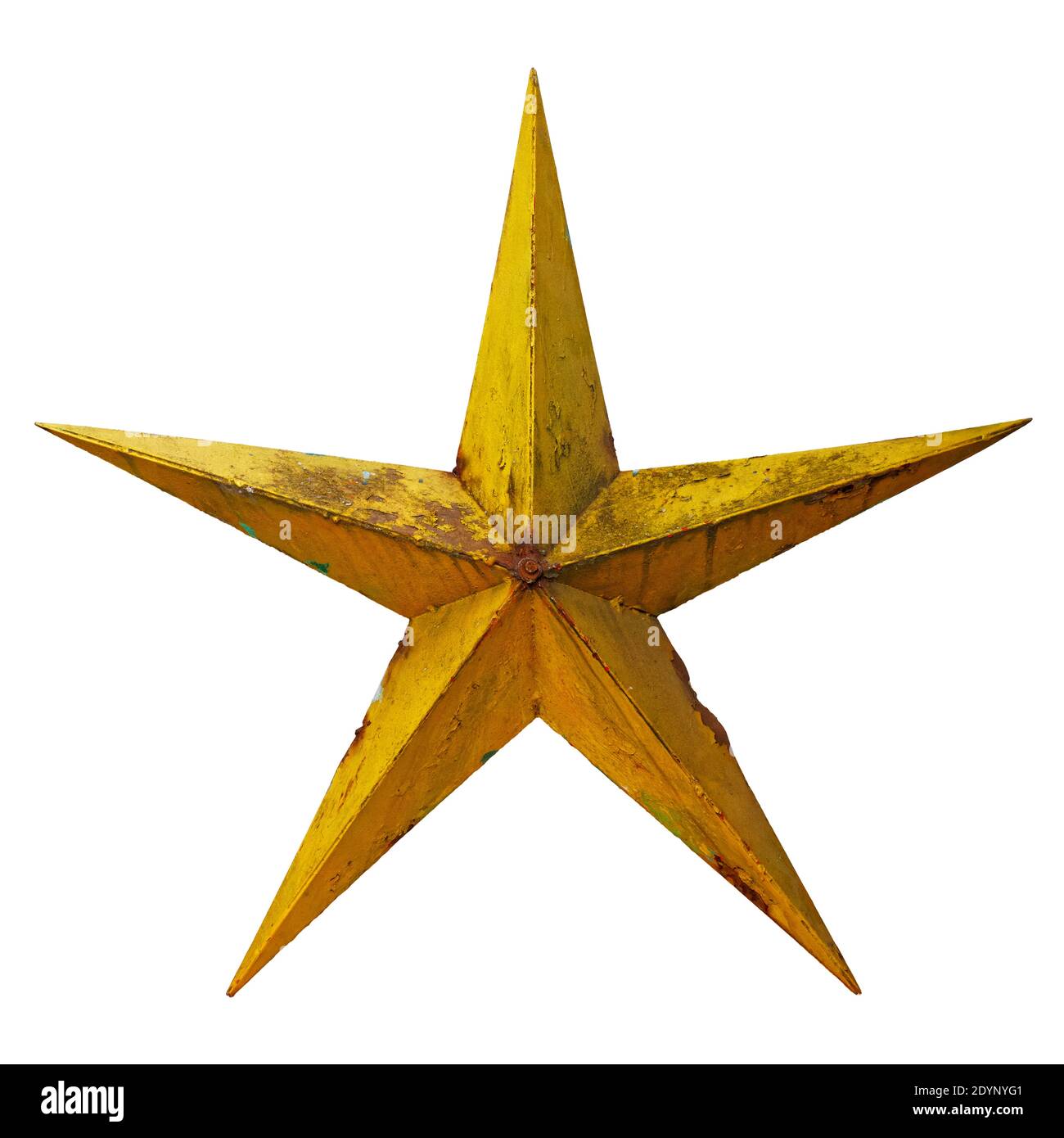 Molto vecchio shabby e arrugginito cinque stelle di metallo giallo, isolato su sfondo bianco Foto Stock