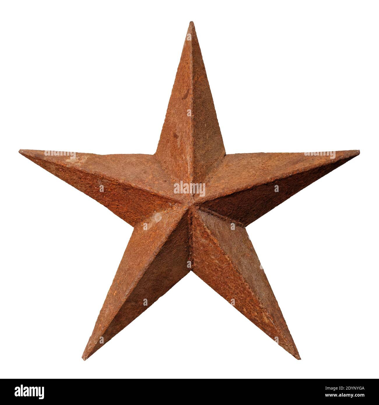 Molto vecchio shabby e arrugginito cinque-punta stella di metallo, isolato su sfondo bianco Foto Stock
