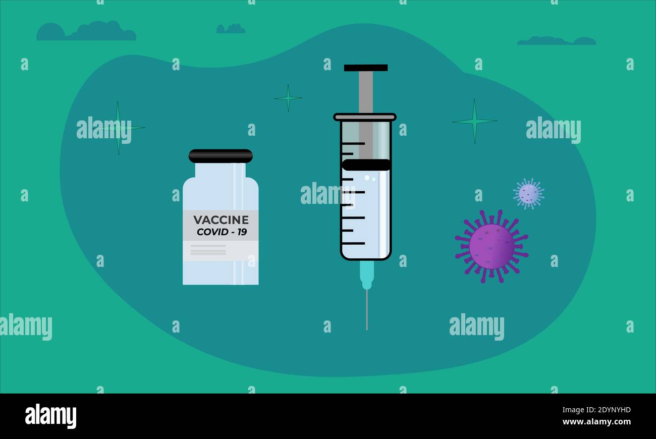 COVID -19 concetto di vaccino background.Vaccination web banner template , poster con virus, siringa e flacone di vaccino , illustrazione vettoriale . Illustrazione Vettoriale