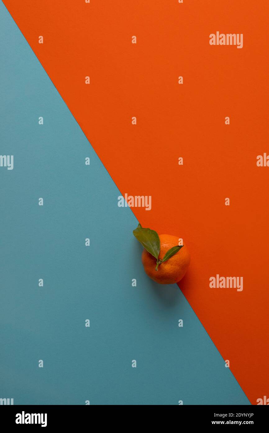 sfondo blu arancio con mandarino, semplice Foto Stock