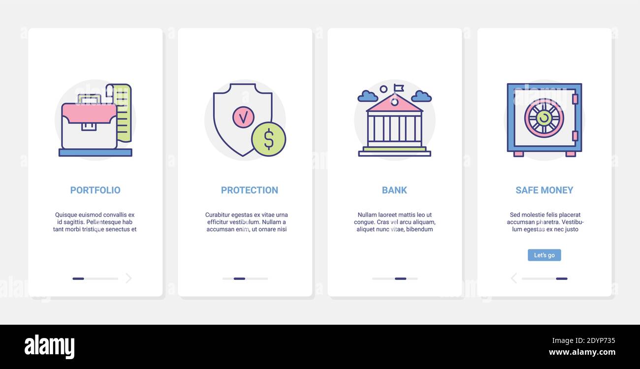 Illustrazione di un vettore per la sicurezza bancaria e la protezione monetaria finanziaria. UX, UI onboarding mobile app page set con linea cassetta di sicurezza per proteggere i depositi risparmio investimento, servizi bancari finanziari Illustrazione Vettoriale