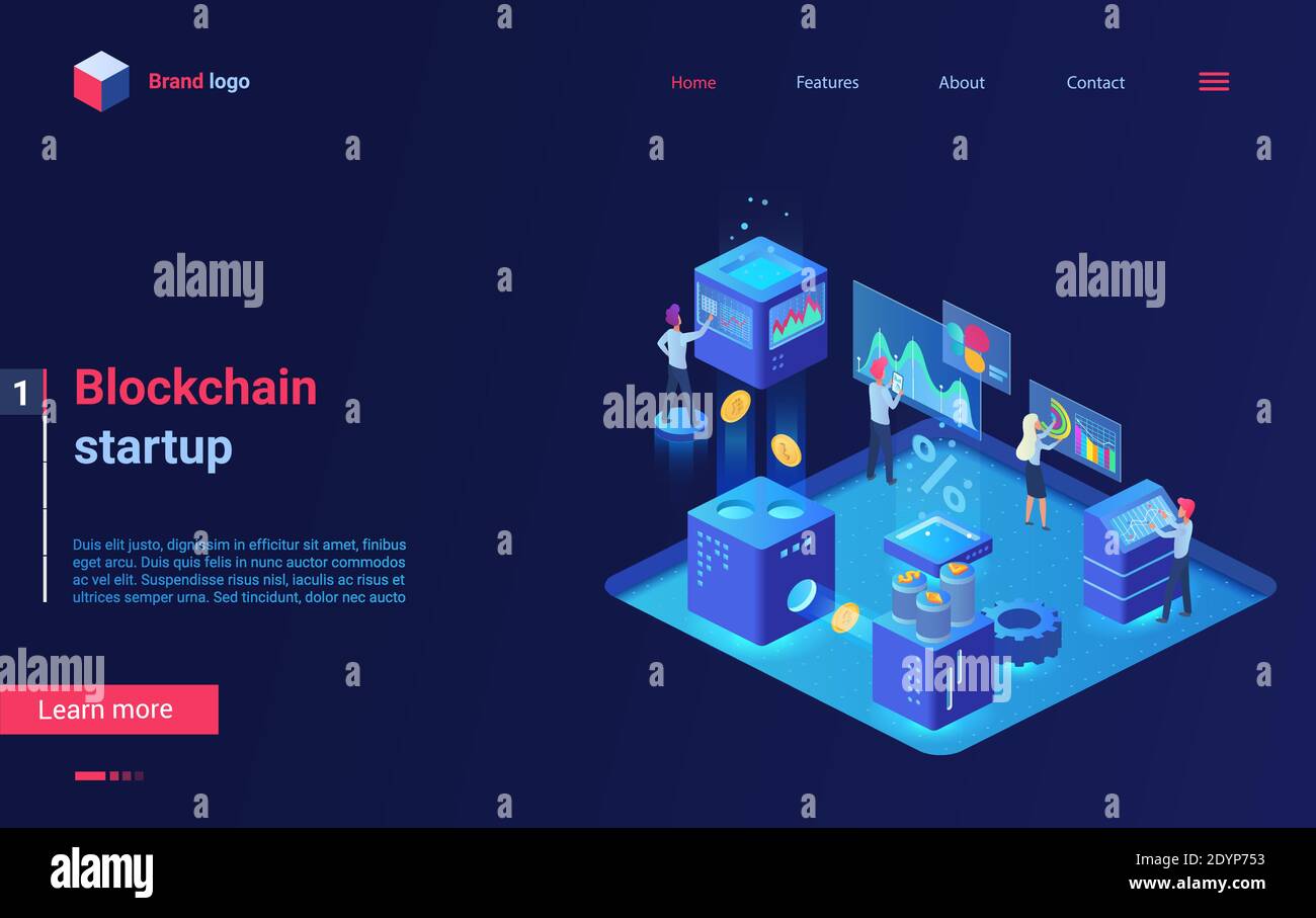 Blockchain Cryptocurrency Startup Technology progettazione isometrica della landing page, cartoon 3d money crypto currency, bitcoin e gettoni per investimenti di crowdfunding e illustrazione vettoriale del progetto aziendale Illustrazione Vettoriale