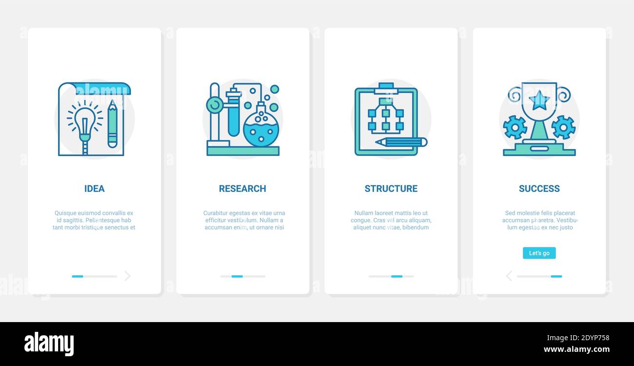 Illustrazione vettoriale dell'idea aziendale di successo. UX, UI onboarding mobile app page set con simboli di linea di sviluppo e premio vincitore per il raggiungimento di obiettivi, struttura di ricerca, raggiungimento di obiettivi Illustrazione Vettoriale