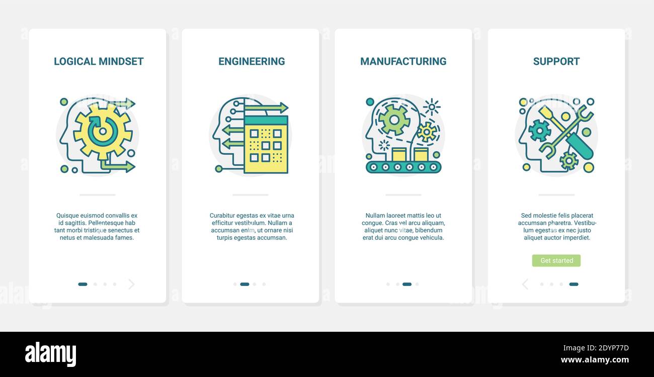 Illustrazione vettoriale della tecnologia del cervello della mente. UX, UI onboarding mobile app page set con line logical thinking brainstorm simboli, ingegneria di produzione e supportare processi mentali intelligenti Illustrazione Vettoriale
