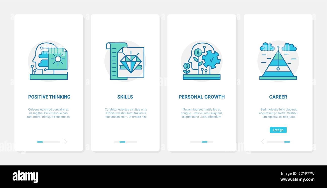 Pensiero positivo, illustrazione del vettore personale di crescita della carriera. UX, UI onboarding mobile app page set con line processing leader cervello umano, diamante esperto skill simbolo, sviluppo di leadership Illustrazione Vettoriale