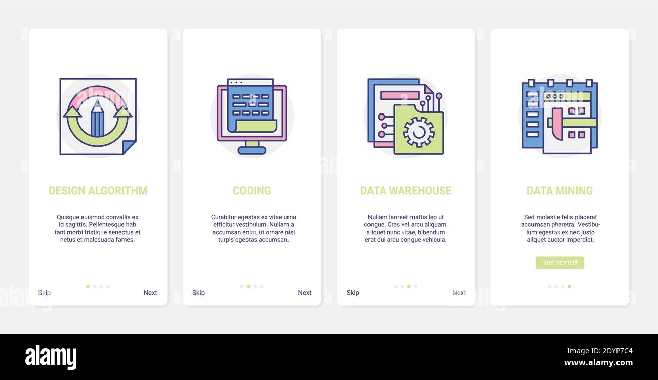 Illustrazione vettoriale della tecnologia di storage, codifica e data cloud. UX, UI onboarding mobile app page set con progettazione di linee tecniche di codice, sviluppo di database, analisi di algoritmi di macchine Illustrazione Vettoriale