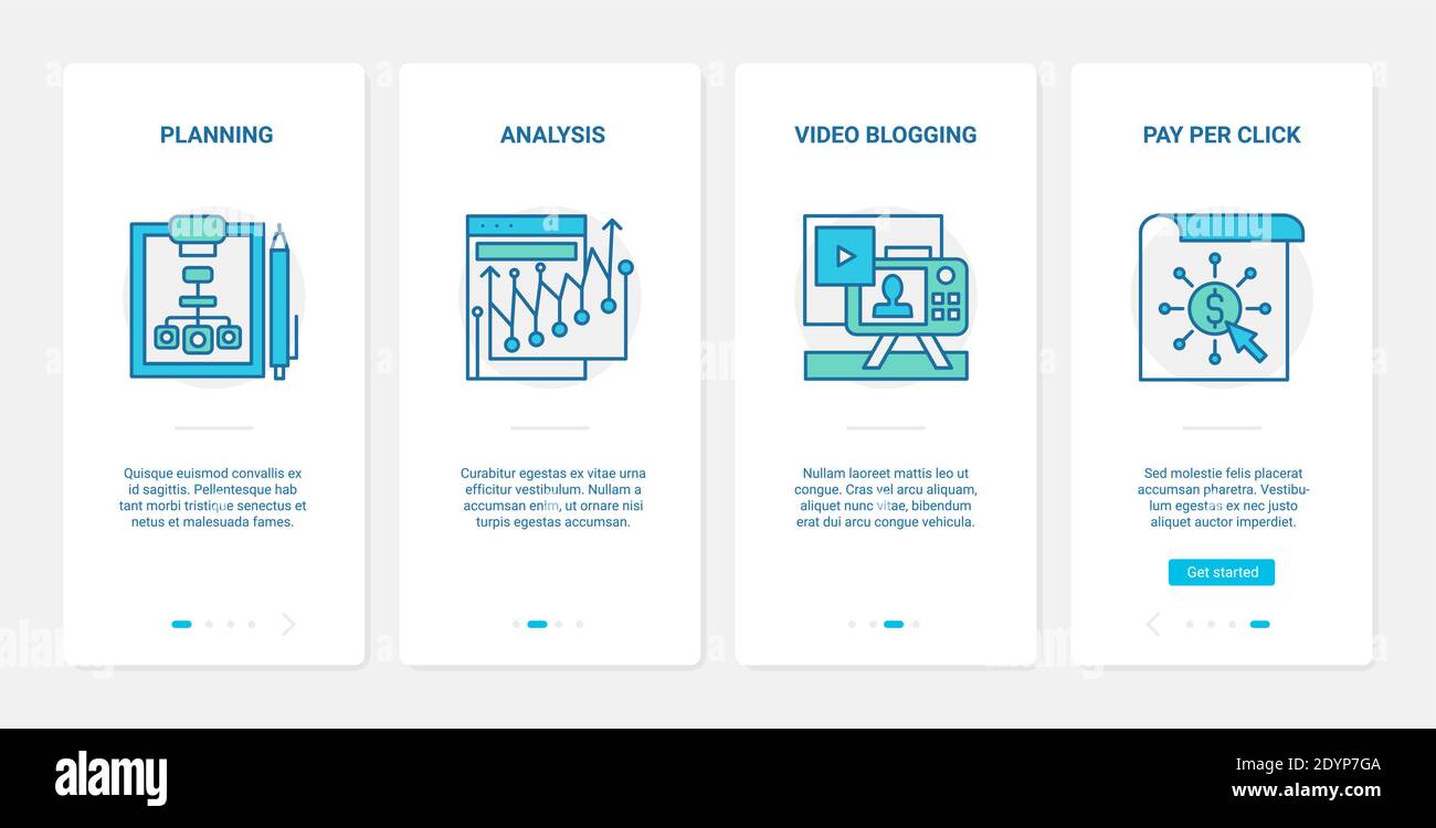 Marketing digitale, pianificazione blog e servizi di analisi illustrazione vettoriale. UX, UI onboarding mobile app page set con line video blogging campagna di analisi, pay per click tecnologia aziendale Illustrazione Vettoriale