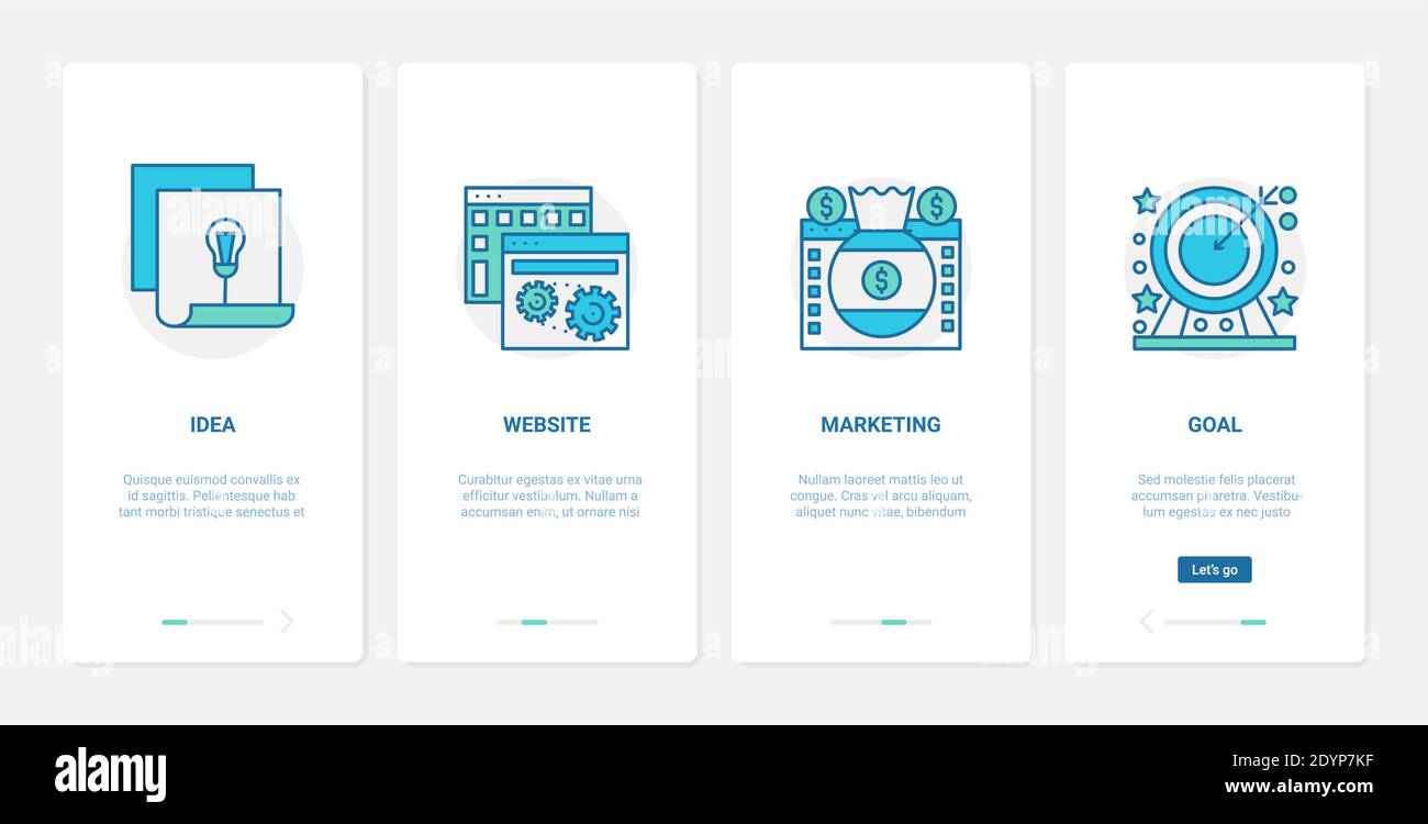 Marketing digitale, l'idea virale nell'illustrazione dei vettori dei social media. UX, interfaccia utente onboarding mobile app page set con il simbolo di raggiungimento obiettivo linea, sviluppo sito web e ottimizzazione del mercato Illustrazione Vettoriale