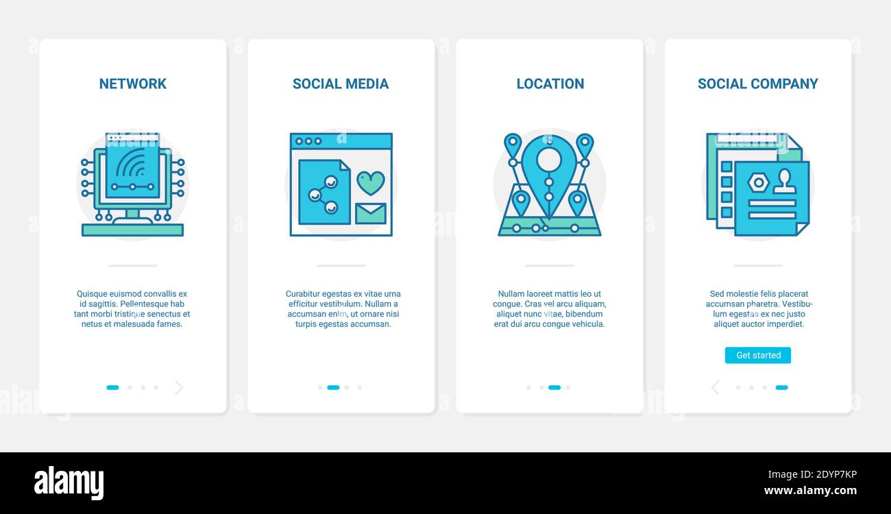 Il marketing digitale nella tecnologia dei social media illustrazione vettoriale. UX, UI onboarding mobile app page set con line business pubblicità campagna, comunicazione di rete, simboli di posizione del cliente Illustrazione Vettoriale