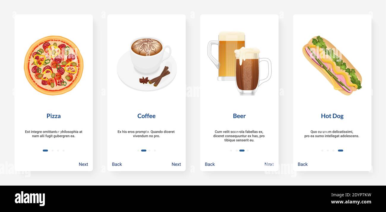 Cafe fast food e drink menu cartoon illustrazione vettoriale. UX, UI onboarding mobile app page set con fast food takeaway pizza caffè birra hot dog per bar, caffetteria o ristorante pizzeria Illustrazione Vettoriale