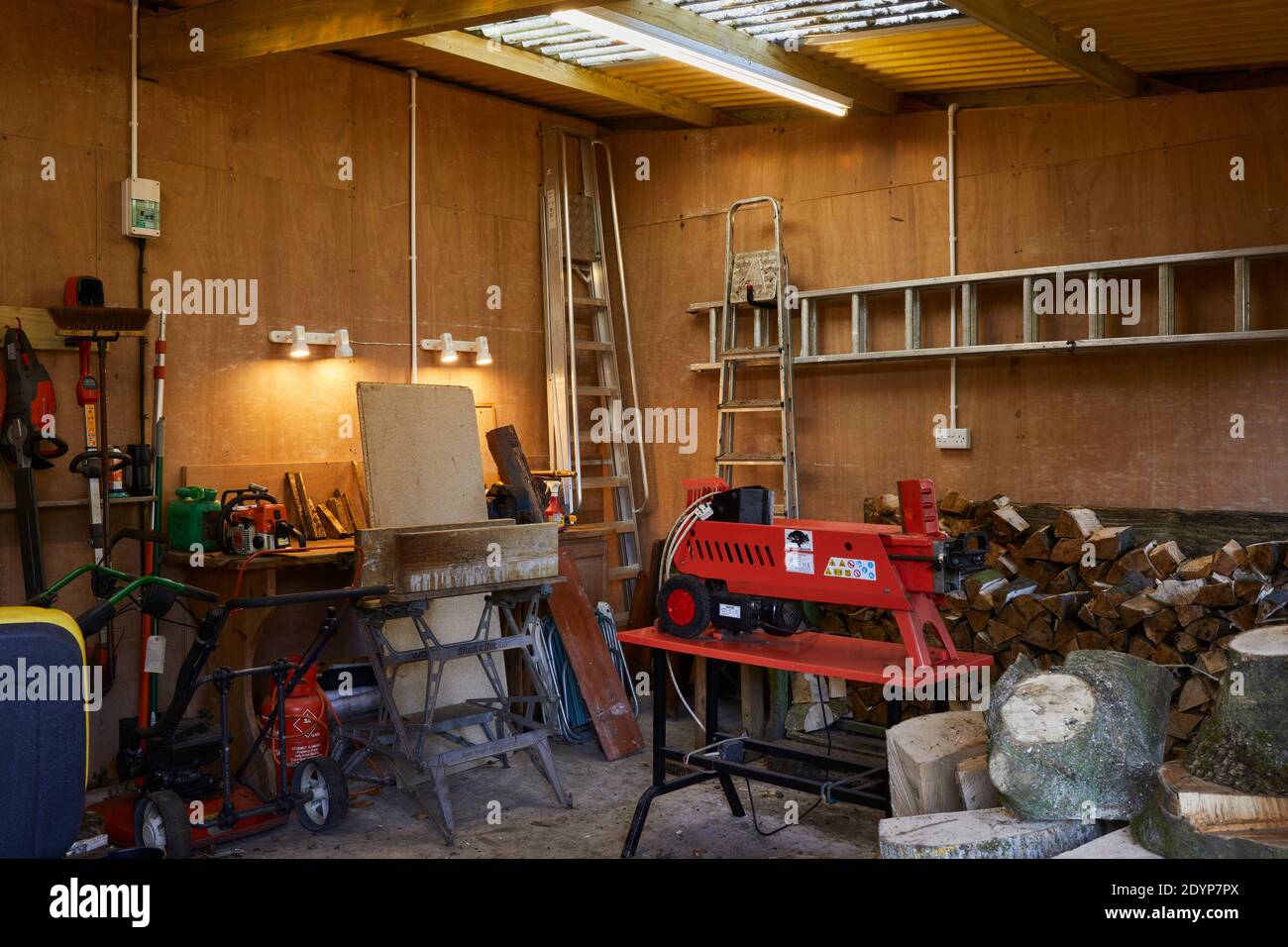 Interno del Woodshed nel piccolo giardino Yorkshire il giorno di Natale. Foto Stock