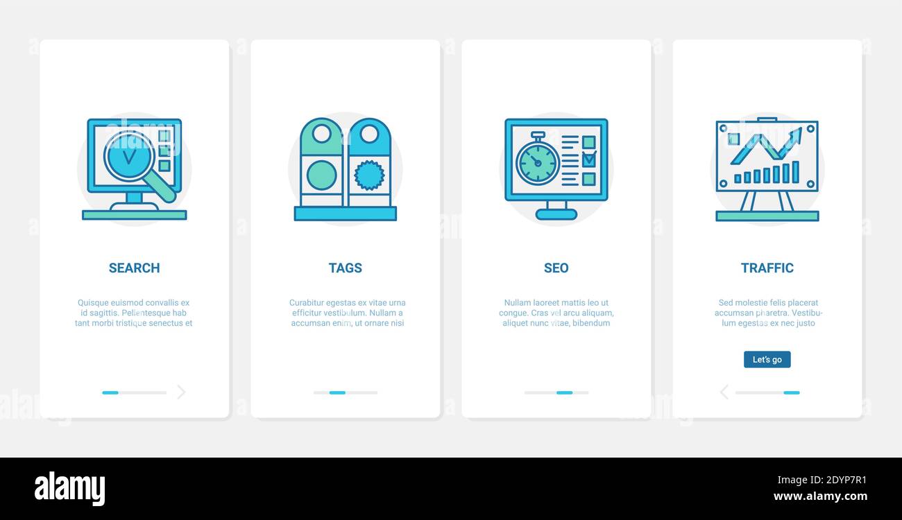 Illustrazione vettoriale della tecnologia di marketing digitale. UX, UI onboarding mobile app page screen set con linea blog di ricerca del traffico, ricerca di parole chiave SEO, tag per contenuto blogger, simboli aziendali target Illustrazione Vettoriale